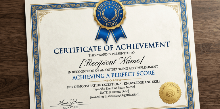 Certificate of achievement awarded for achieving a perfect score with blue and gold decorative borders and seals
